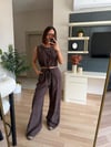 Kahve krinkıl kumaş crop pantolon takım