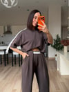 Kahve Şeritli Pantolon& Crop Takım