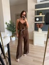 Kahverengi Keten Crop Pantolon Takım