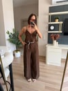 Kahverengi Keten Crop Pantolon Takım