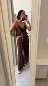 Kahverengi Keten Crop Pantolon Takım