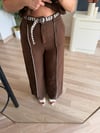 Kahverengi Keten Crop Pantolon Takım