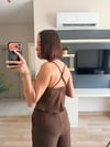 Kahverengi Keten Crop Pantolon Takım