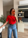 Kırmızı Yuvarlak Yaka Kısa Kollu Triko