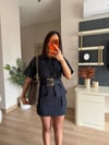 Koyu Lacivert Denim Gold Kemer Detaylı Elbise