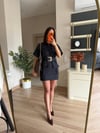 Koyu Lacivert Denim Gold Kemer Detaylı Elbise