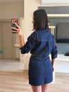 Koyu Lacivert Kemerli Denim Elbise