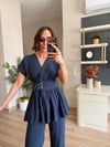 Lacivert Bel Detaylı Bluz Pantolon Takım