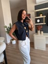 Lacivert Büyük Gold Düğmeli Crop Yelek