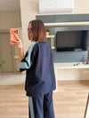 Lacivert Yanları Denim Şeritli Oversize Takım