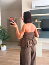 Marka Model Kahverengi Balon Bluz Şalvar Pantolon Takım