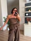Marka Model Kahverengi Balon Bluz Şalvar Pantolon Takım