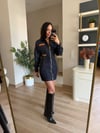 Marka Model Koyu Lacivert Deri Detaylı Denim Elbise