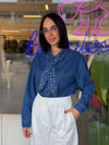 Marka Model Taşlı Fularlı Denim Gömlek