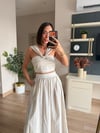 Mavi Çizgili Keten Crop Etek Takım
