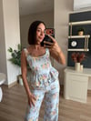 Mavi Üzerine Çiçek Desenli Korse Pantolon Takım