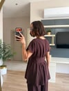 Mürdüm Bel Detaylı Bluz Pantolon Takım