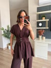 Mürdüm Bel Detaylı Bluz Pantolon Takım