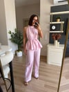 Pembe Keten Halter Yaka Bluz Pantolon Takım