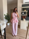 Pembe Keten Halter Yaka Bluz Pantolon Takım