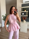 Pembe Keten Halter Yaka Bluz Pantolon Takım
