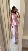 Pembe Keten Halter Yaka Bluz Pantolon Takım