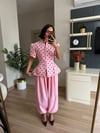 Pembe Puantiye Desenli Ceket Şalvar Pantolon Takım
