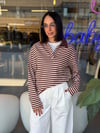 Polo Yaka Pembe- Kahve Çizgili Sweatshirt 