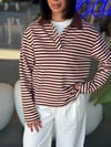 Polo Yaka Pembe- Kahve Çizgili Sweatshirt 