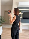 Siyah krinkıl kumaş crop pantolon takım