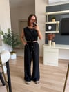 Siyah krinkıl kumaş crop pantolon takım
