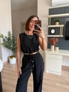 Siyah krinkıl kumaş crop pantolon takım