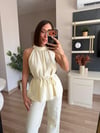 Tereyağ Sarısı Keten Halter Yaka Bluz Pantolon Takım