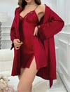 Arias Closet Bordo İnce Askılı Saten 2'li Gecelik Sabahlık Takımı