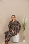 Arias Closet Büyük Beden Leopar Desenli Düğmeli Uzun Kol Viskon Pijama Takımı