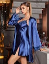 Arias Closet İnce Askılı Lacivert Saten 2'li Gecelik Sabahlık Takımı