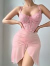 Arias Closet Özel Tasarım Fırfırlı Dantel İşlemeli Tül Fantezi Pembe Gecelik
