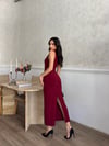 Drapeli Yırtmaçlı Midi Elbise Bordo