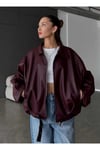 Kadın Oversize Deri Ceket– Oversize Relax Fit, Fermuarlı Kemer Detaylı Günlük Kadın Ceket Bordo