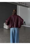 Kadın Oversize Deri Ceket– Oversize Relax Fit, Fermuarlı Kemer Detaylı Günlük Kadın Ceket Bordo