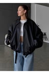 Kadın Oversize Deri Ceket– Oversize Relax Fit, Fermuarlı Kemer Detaylı Günlük Kadın Ceket Siyah