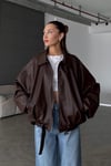 Kadın Oversize Deri Ceket– Oversize Relax Fit, Fermuarlı Kemer Detaylı Günlük Kadın Ceket Kahverengi