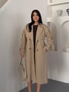 Kruvaze Yaka Kuşaklı Çift Düğmeli Oversize Trenç Ceket Bej