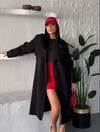 Kruvaze Yaka Kuşaklı Çift Düğmeli Oversize Trenç Ceket Siyah