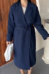 Kruvaze Yaka Kuşaklı Çift Düğmeli Oversize Trenç Ceket Lacivert