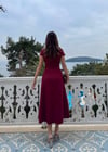 Kruvaze Yaka Piliseli Kemerli Midi Elbise Bordo