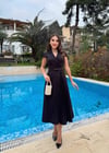 Kruvaze Yaka Piliseli Kemerli Midi Elbise Siyah