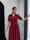 PRİNCESS GÖMLEK YAKA KEMER DETAYLI ELBİSE Bordo