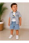 Kot Şort Gri Müslin Gömlek Beyaz Baskılı Tshirt Erkek Çocuk Bebek Yazlık 3'lü Takım 6-24 Aylık