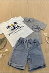 Kot Şort Gri Müslin Gömlek Beyaz Baskılı Tshirt Erkek Çocuk Bebek Yazlık 3'lü Takım 6-24 Aylık